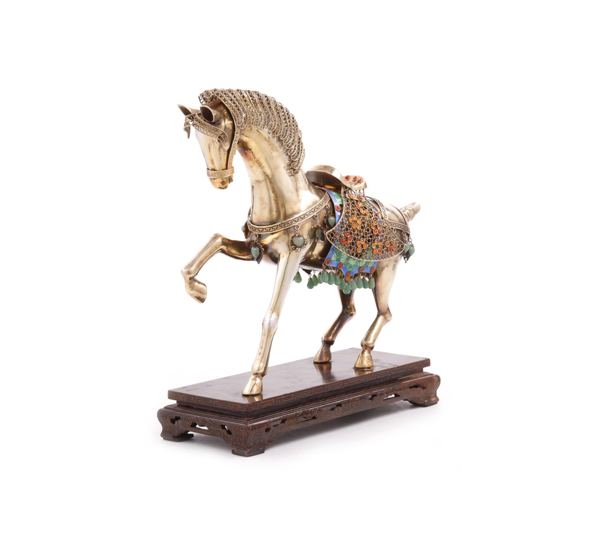 Escultura de cavalo em metal dourado