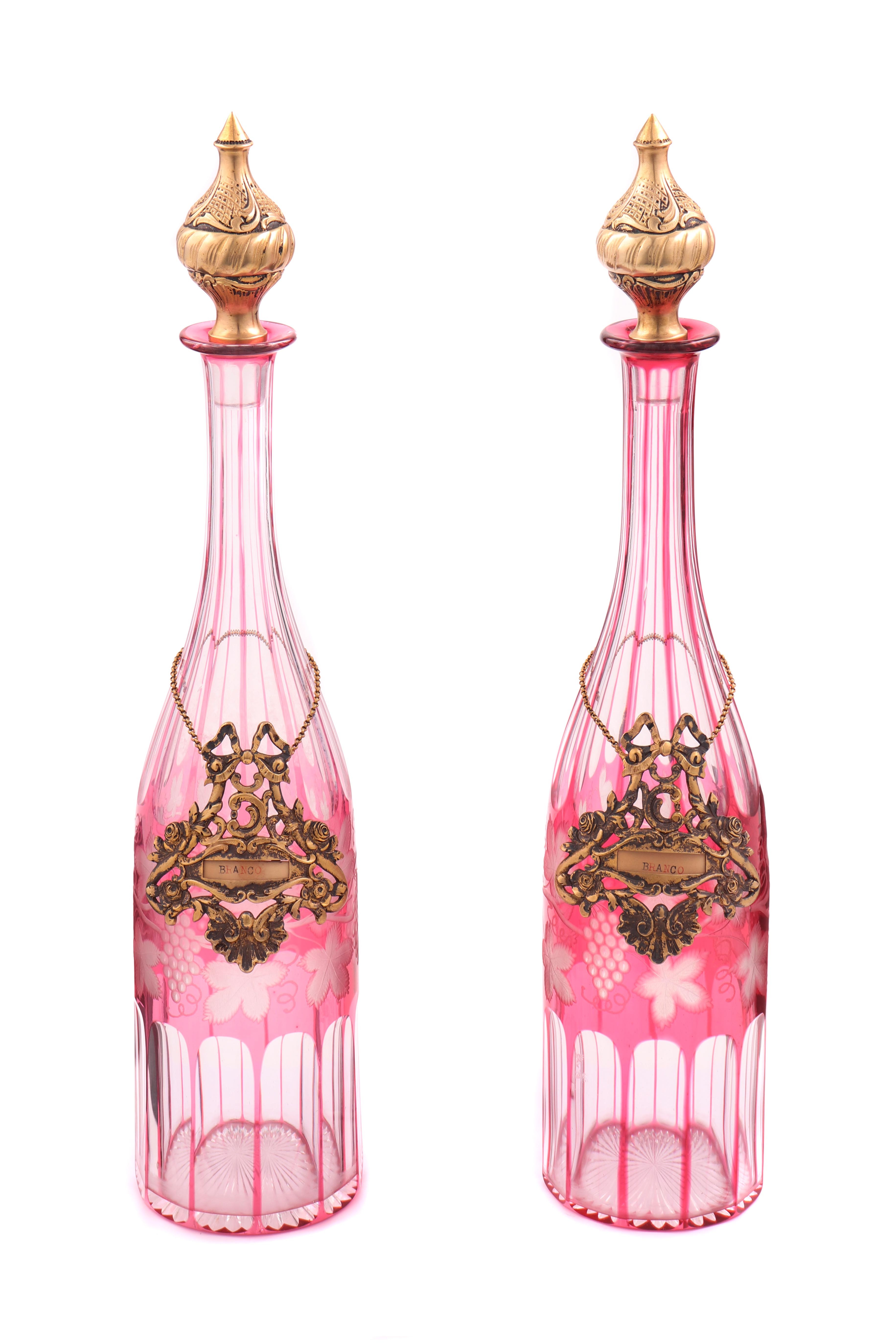 Par de garrafas em cristal doublê com montagens em prata dourada portuguesa (2)