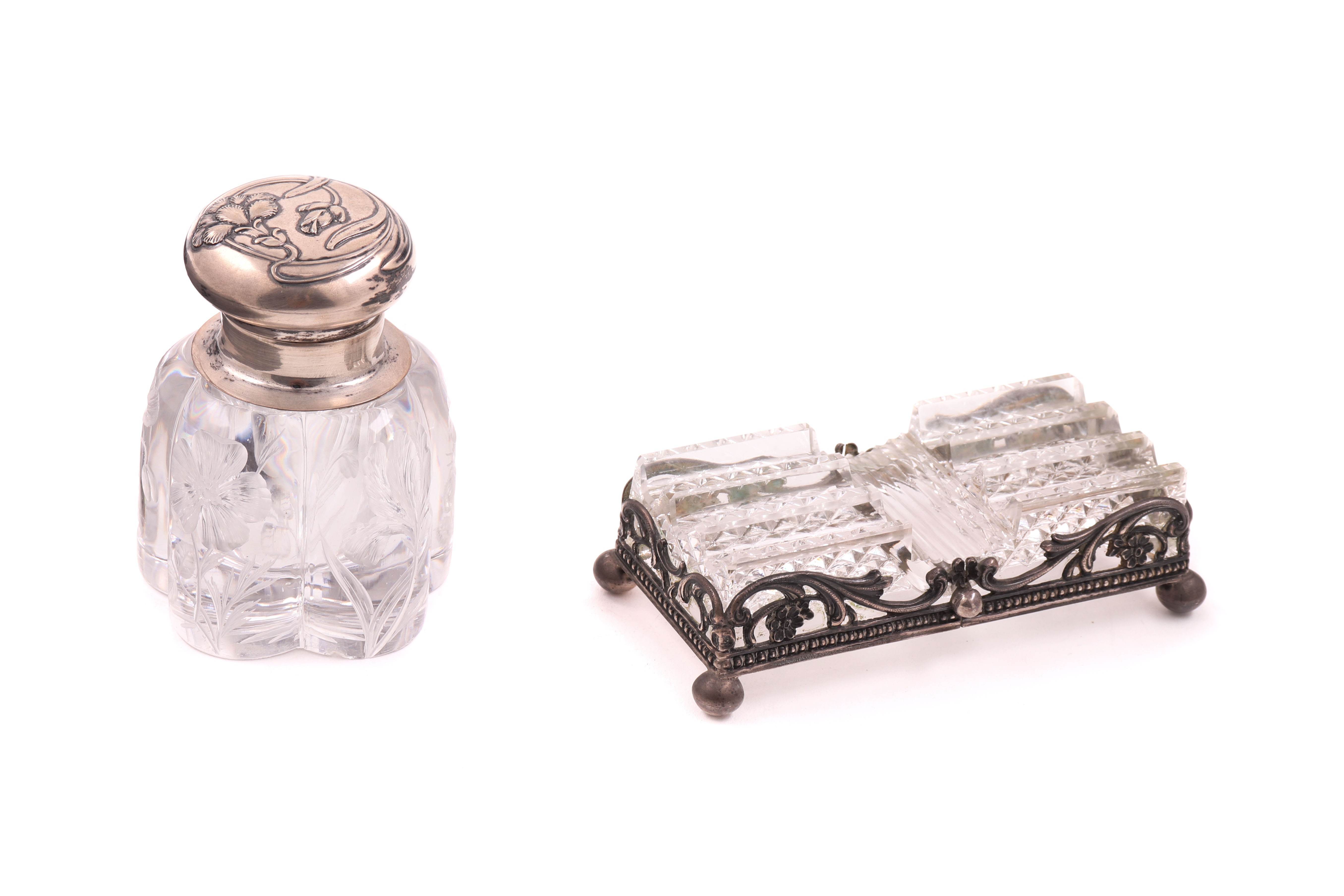 Tinteiro e suporte para canetas de aparo em cristal e prata portuguesa (2)