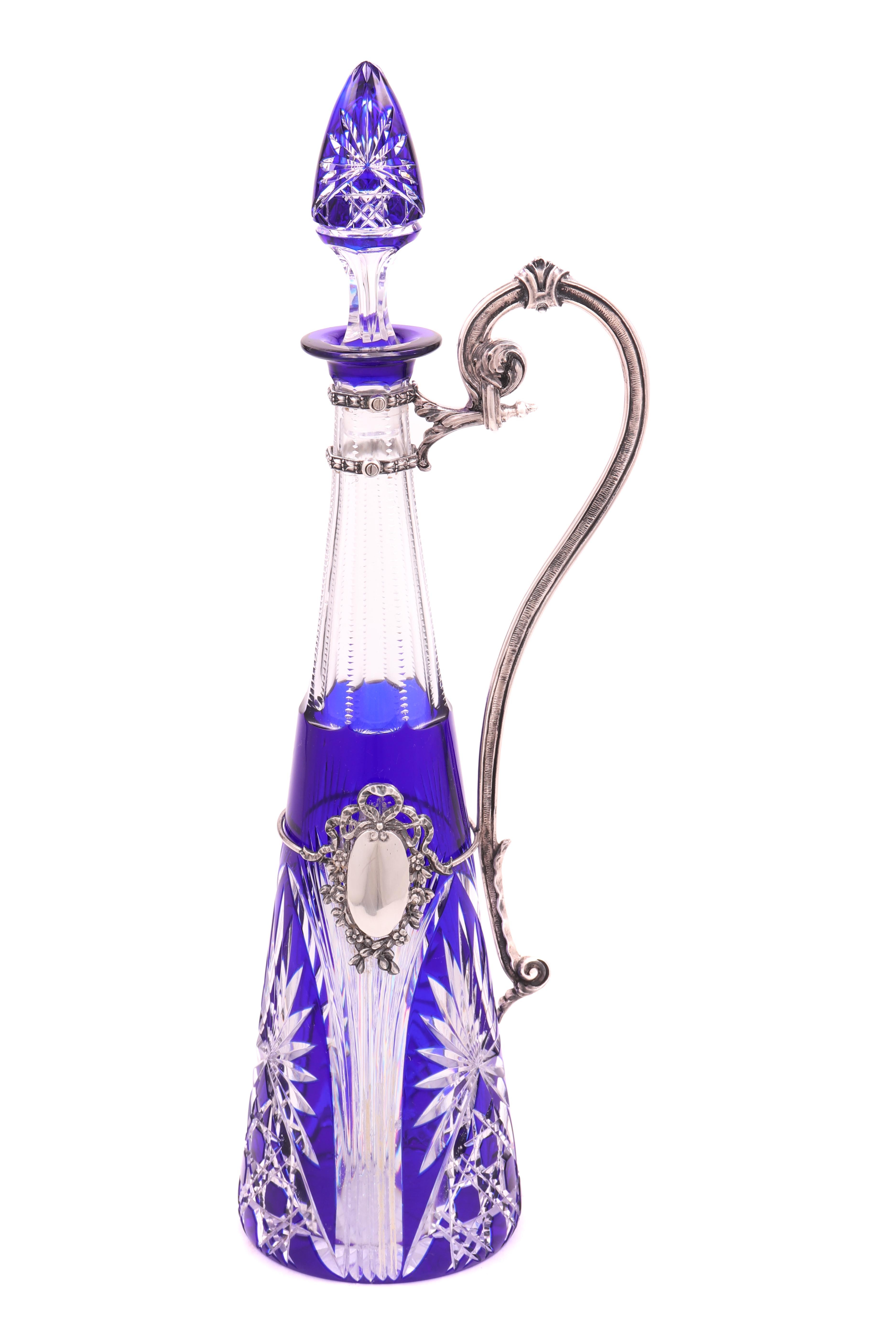 Garrafa licoreiro em cristal doublê azul com montagem em prata